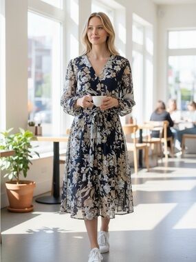 Kate and Lily Dress Womens 6 Floral Long Sleeve V Neck Belted Navy Midi Boho